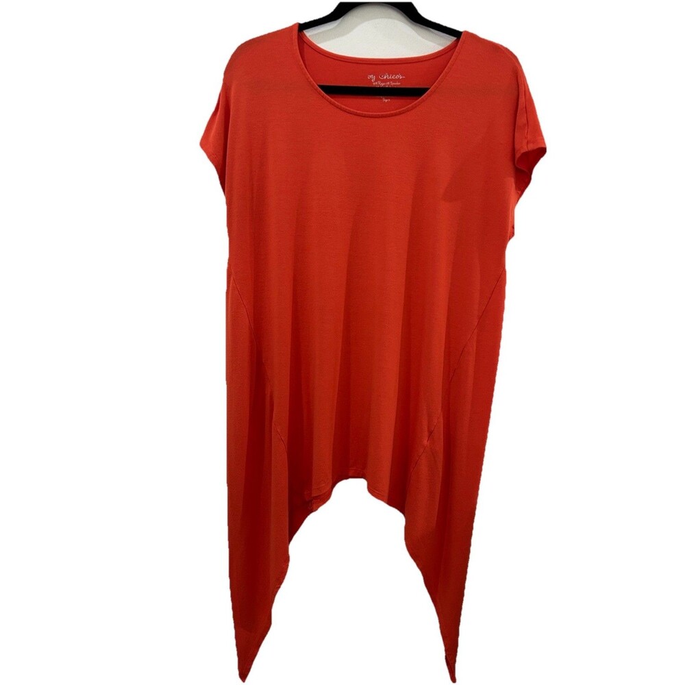 Chicos Size 2 Womens L Top  Coral Cap Sleeve Asymmetrical Hem Pullover